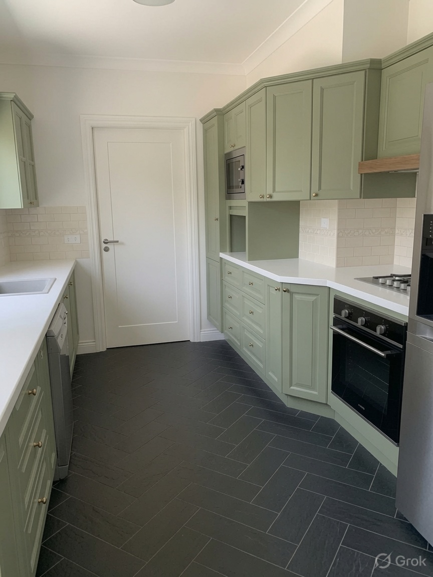 Existing green cabinetry, new white surface, subway splashback.