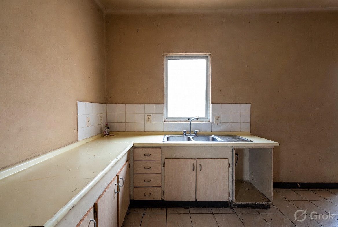 Tired cream laminate kitchen in Bayswater before recast